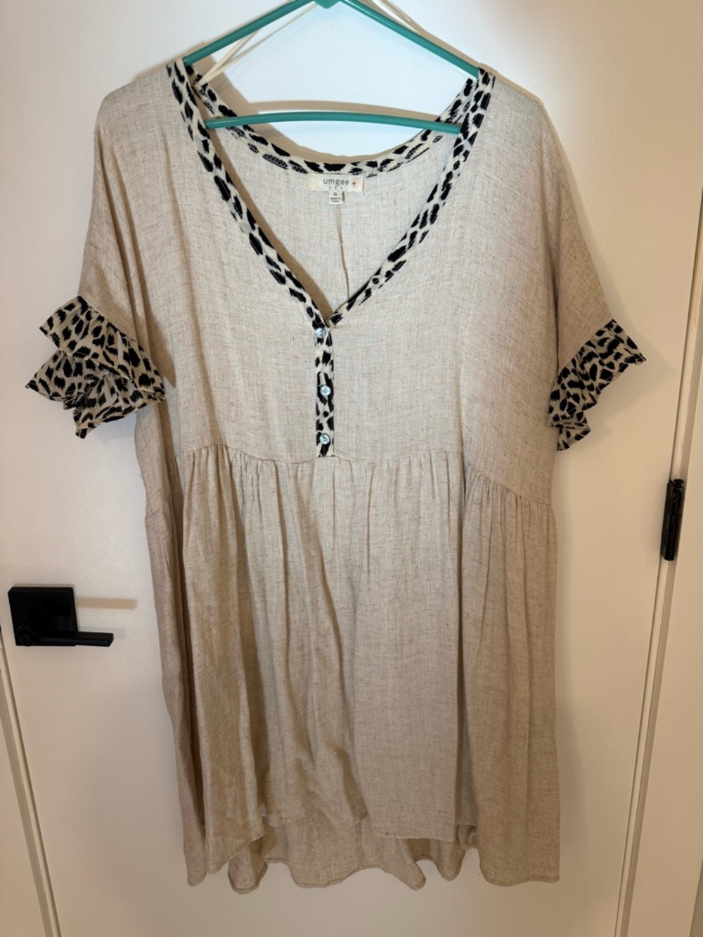 Umgee Beige Dress with Black Leopard-Trim Accents